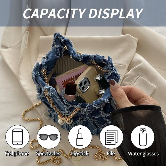 Blue Denim Purses for Women, Jean Bucket Bags, Crossbody Hobo Drawstring Handbag - Picture 6 of 7